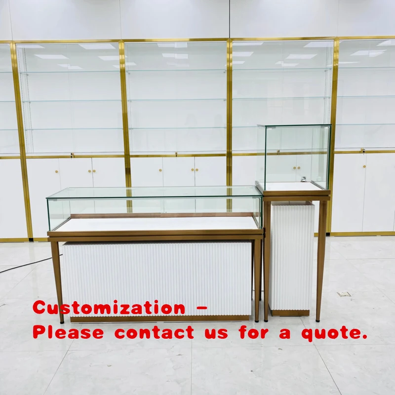 custom.Tempered Glass Stainless Steel Plated Frame LED Light Jewelry Counter Wave White Lacquer Storage Luxury Shopping