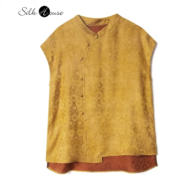 

2025 Women's Casual Summer New Versatile New Chinese 100% Natural Mulberry Silk Gambiered Guangdong Gauze Stand Up Yellow Vest