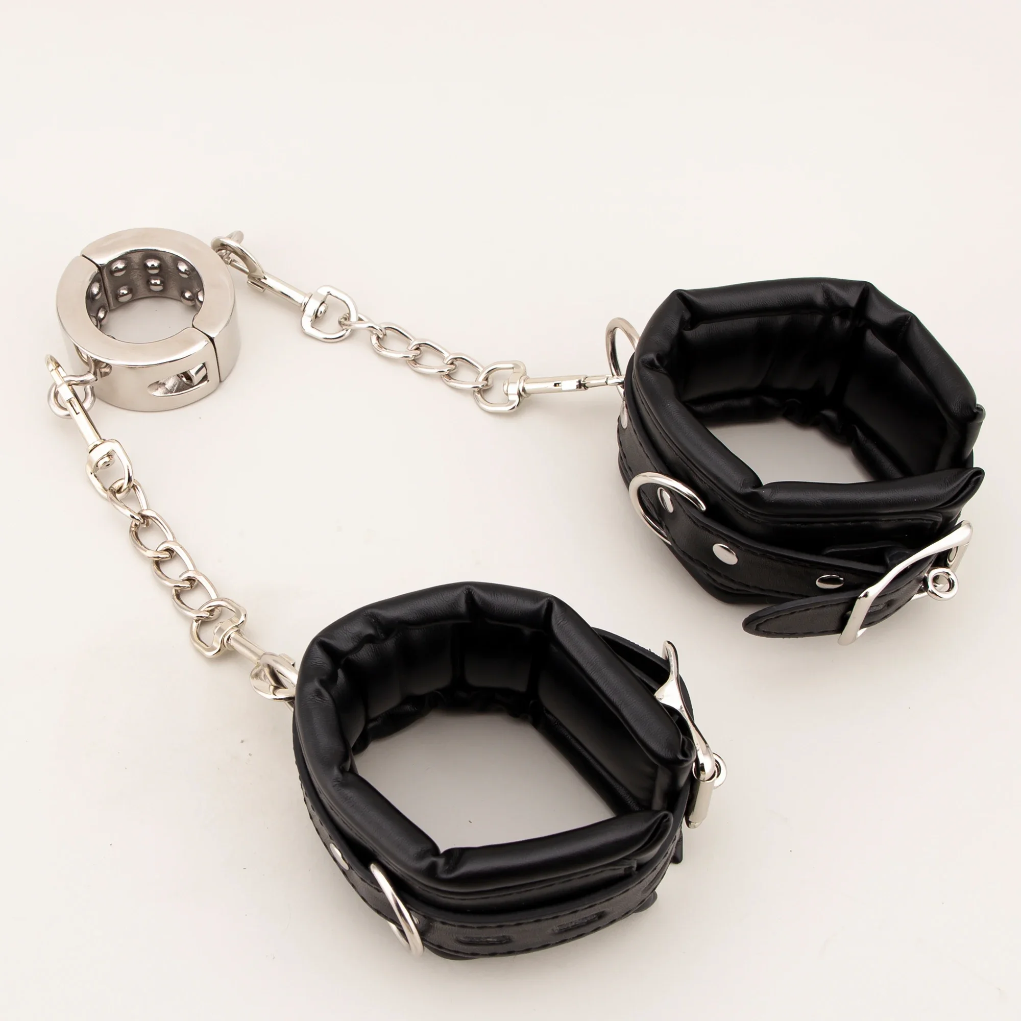 Stainless Steel Testicular Clamp and Ball Stretcher Scrotum Restraint with Ankle or Hand Cuffs Cock Ring BDSM Sex Toy