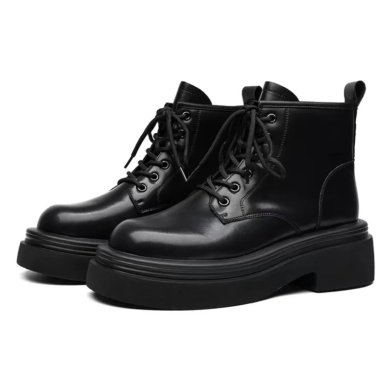 

Мужские повседневные ботинки на платформе в английском стиле, оригинальные кожаные туфли на шнуровке, черные ковбойские короткие ботинки, весенне-осенние ботильоны