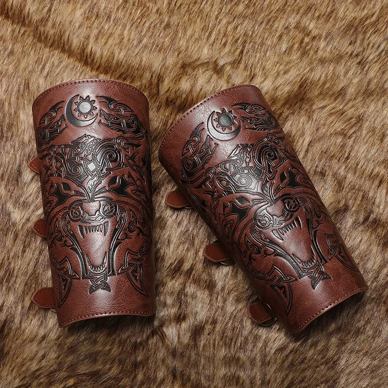 PU Leather Medieval Vambraces Gauntlet Wristband Punk Bracer Wrist Band Vambraces for Halloween Photo Props Themed Parties