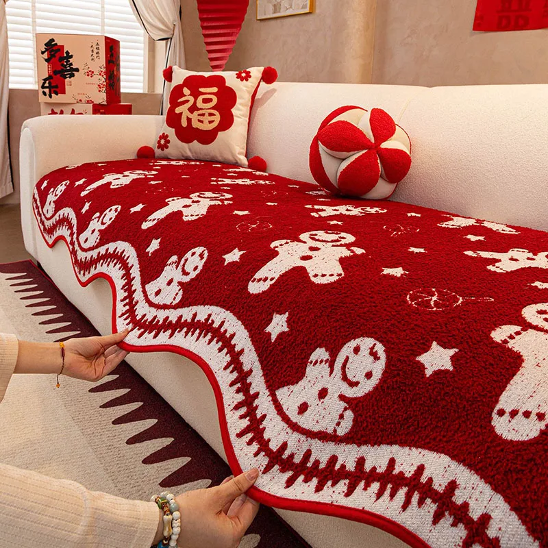 Red Festive Cartoon Sofa Cushion New Year's Style Thickened Couch Covers for Living Room Irregular Half Velvet Sofa Protector
