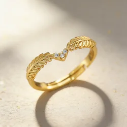 LAMOON 925 Sterling Silver Exquisite Olive Leaf Shape Mini Zircon Tail Ring 14K Gold Plated Fine Jewelry for Women Gift LMRI086