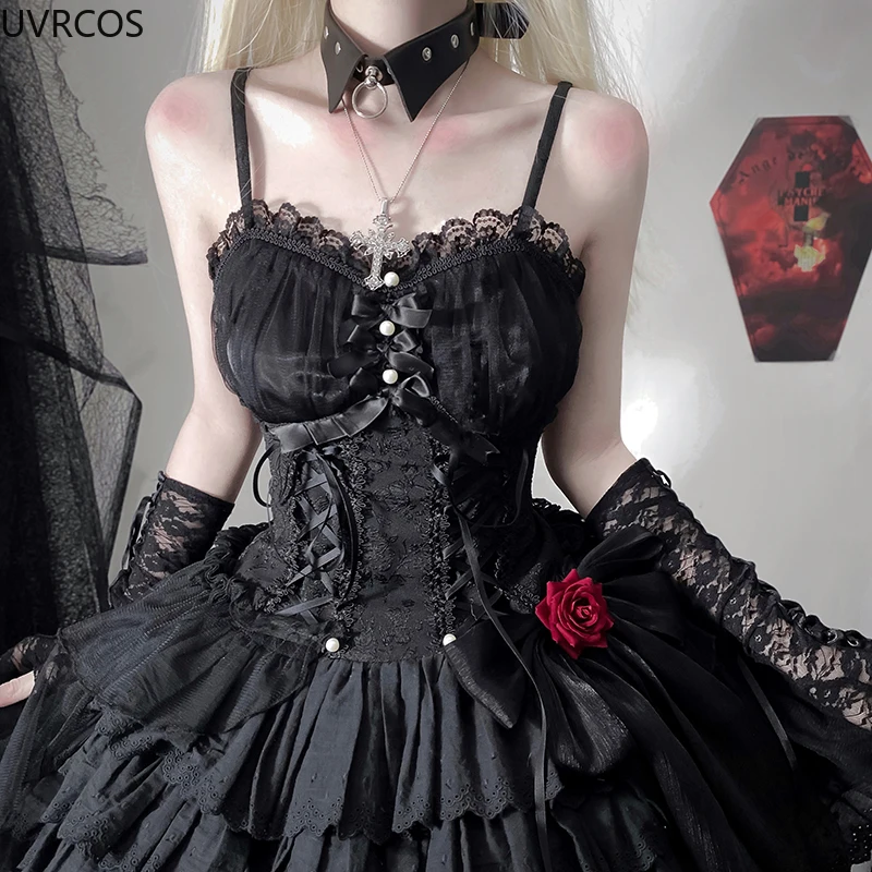 Vintage elegancka sukienka Lolita Jsk wiktoriańskie kobiety koronkowe różowe dla księzniczek ciemna sukienka bieliźniana dziewczyny Gothic Y2k Party Lolita Kawaii sukienka