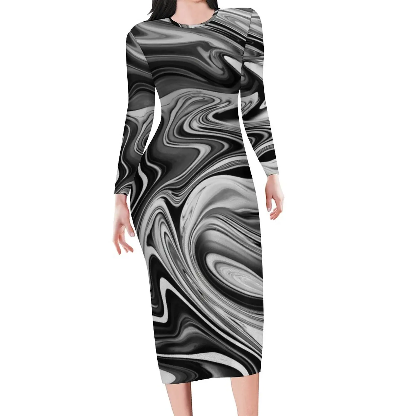 Elegant Marble Bodycon Dress Spring Liquid Black and White Stripe Sexy Dresses Womens Long Sleeve Pattern Aesthetic Dress