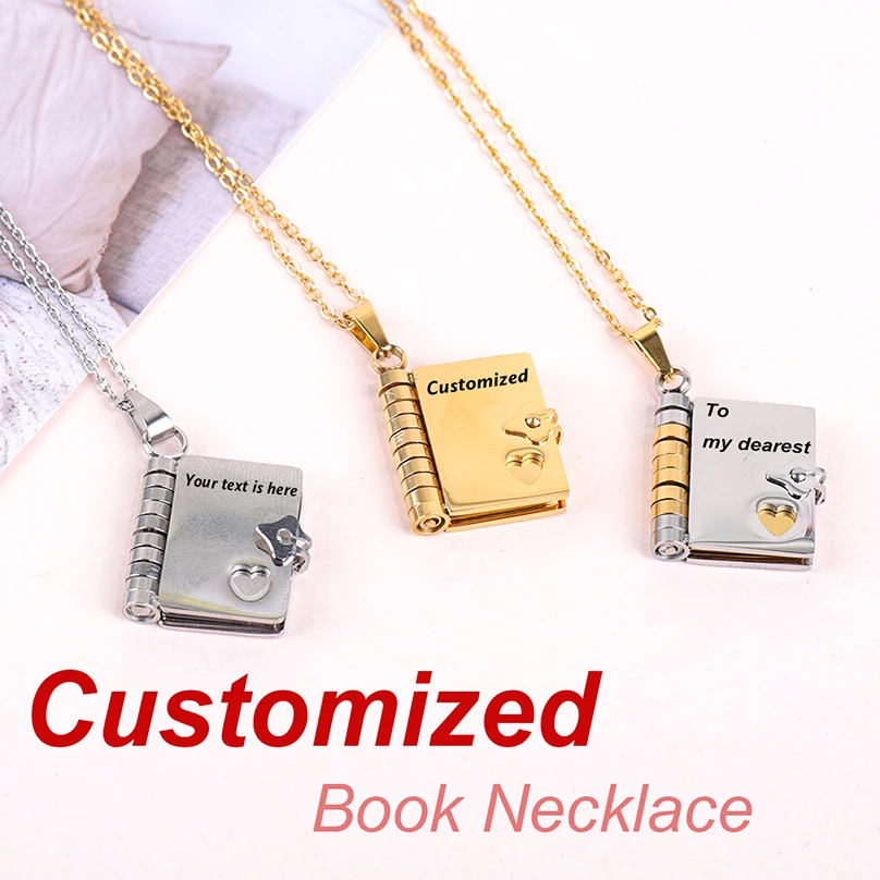 

Mini Book Custom Text Necklace Personalized Pendant Gift For Men And Women Stainless Steel Laser Engraving Customized Necklace