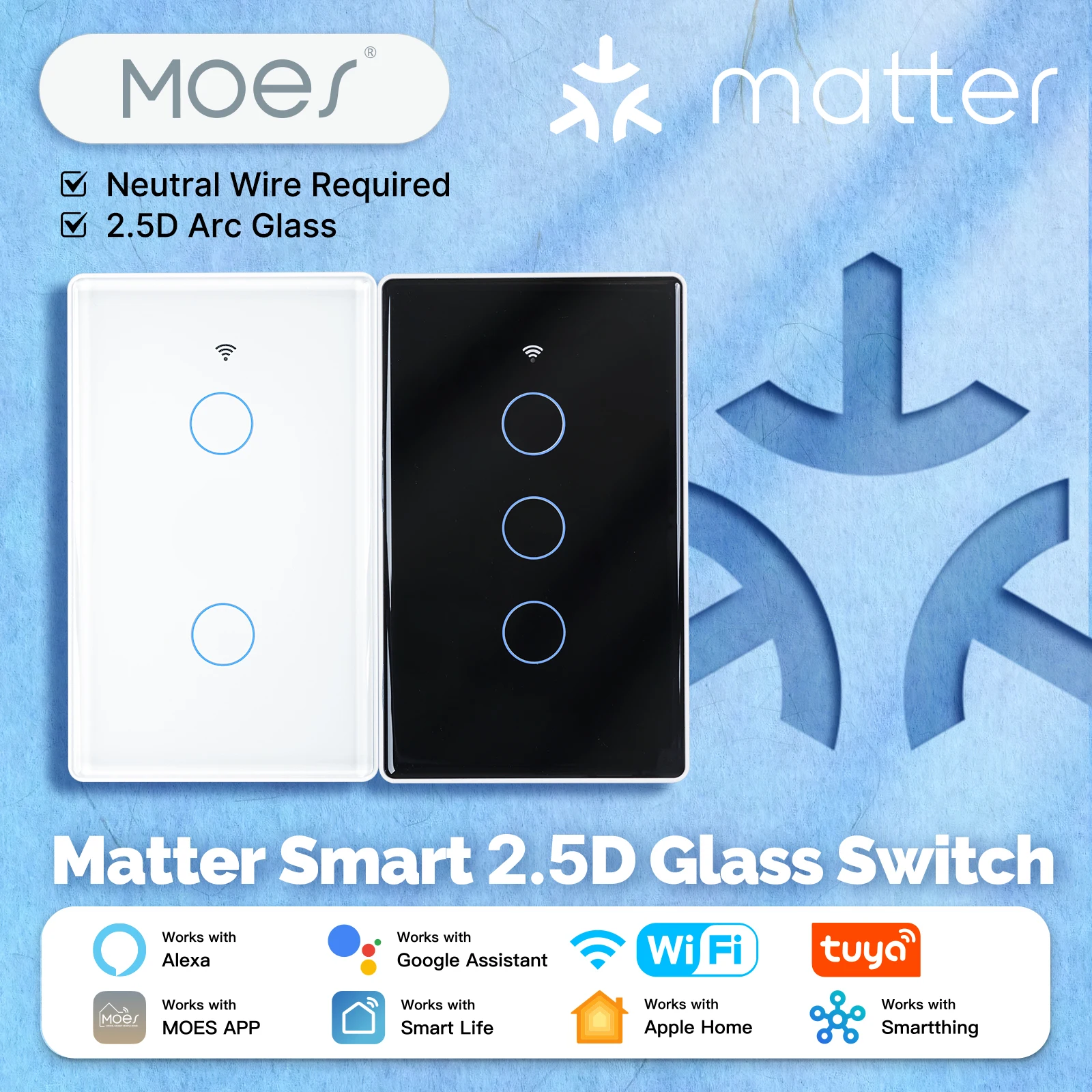 

MOES Tuya Matter WiFi Smart Switch 2.5D US Version,Works with Alexa/Google Home/Apple HomeKit/SmartThings, Neutral Wire Required