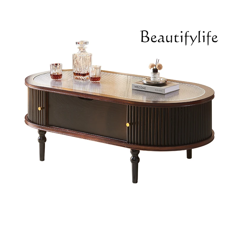 

French retro coffee table small apartment living room American solid wood oval coffee table premium storage