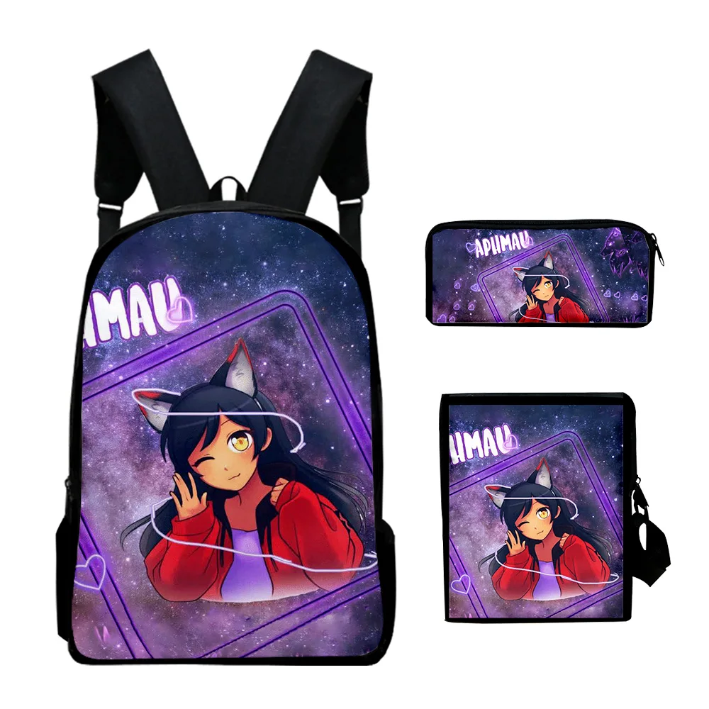 Criativo bonito Aphmau 3D Print mochilas escolares, mochila mochila pupil, bolsa de ombro inclinado, estojo lápis, bolsa de laptop da moda, 3 peças por conjunto