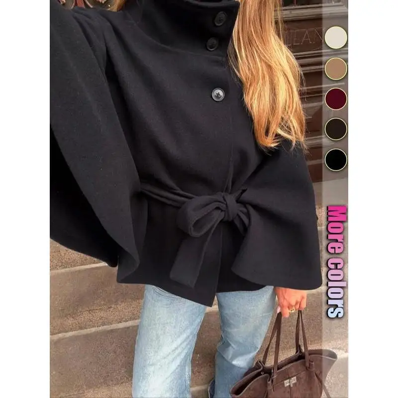 

O 88368 Buttoned Belted Cape Coat Women's Large Size Outerwear Cowl Neck Long Sleeve Fashionable Winter Coat for Pear Shaped
