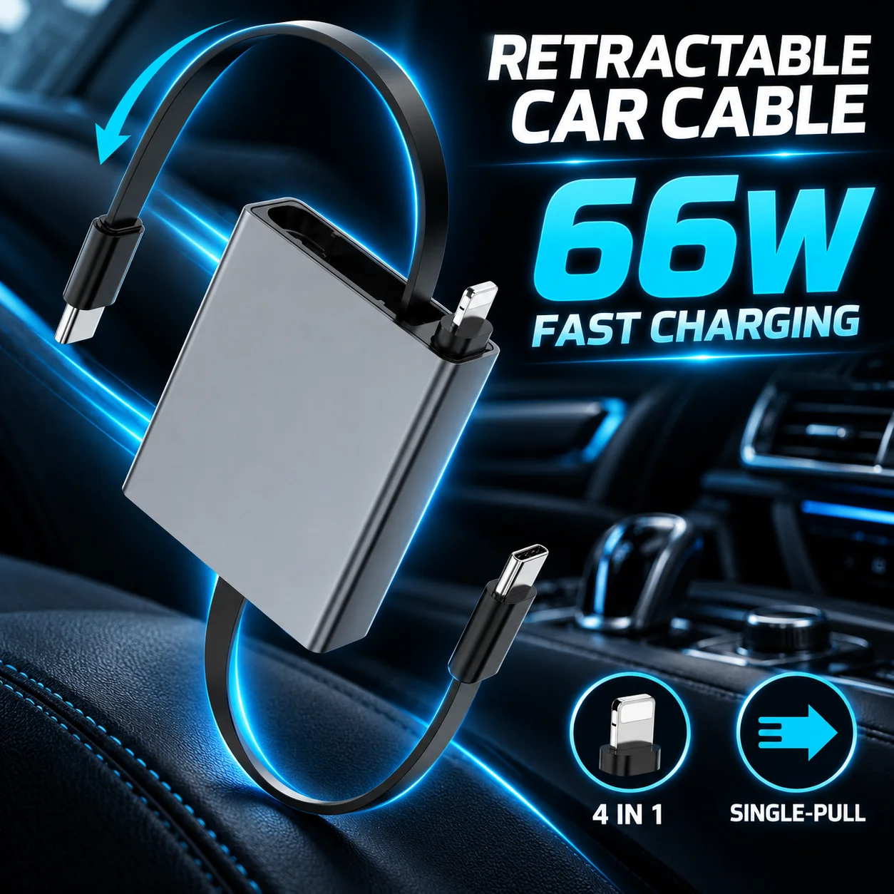 4 in 1 Retractable Car Charging Cable 66W USB C Lightning Fast Charge Portable Cord for iPhone Samsung Laptop Car Use