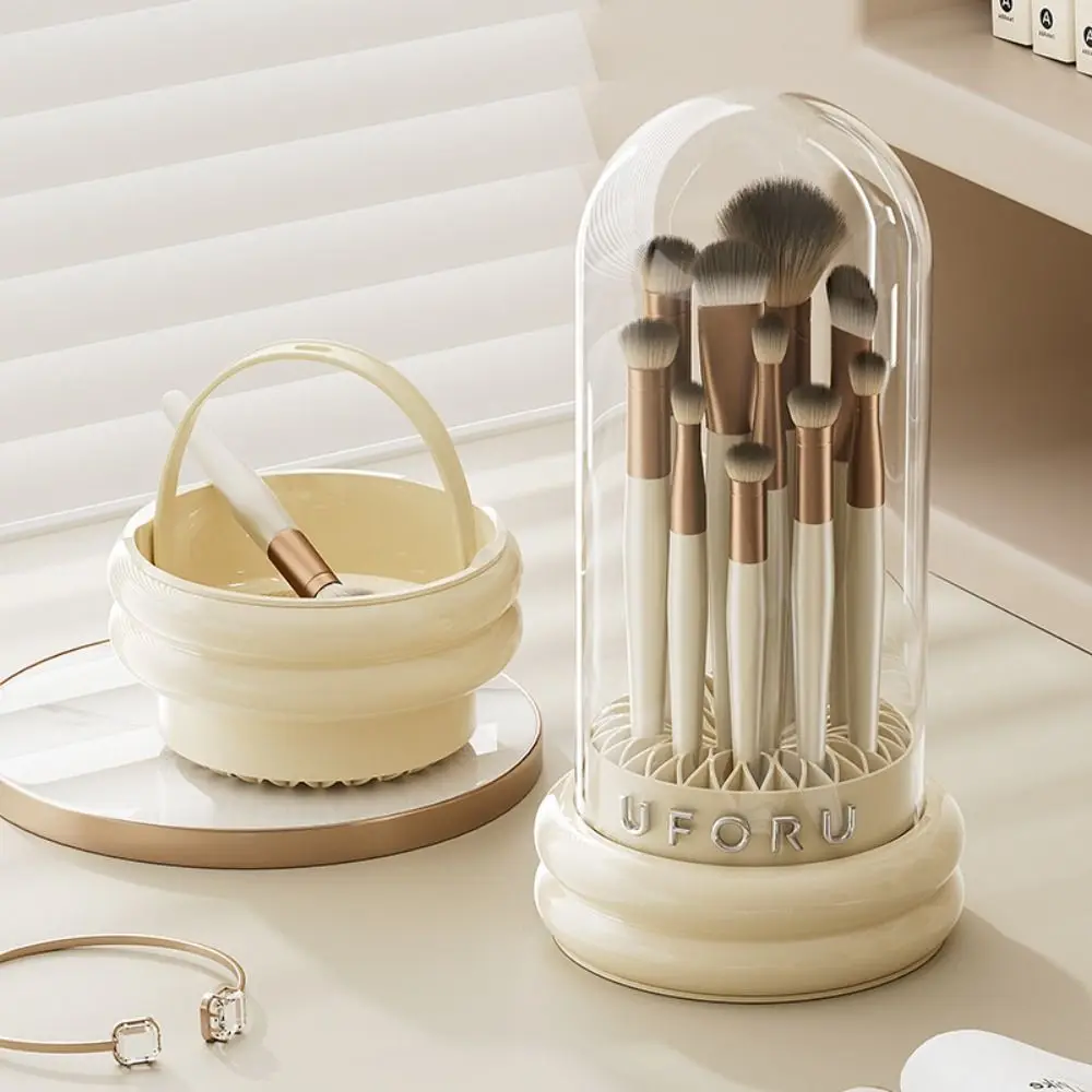 

2-in-1 Makeup Brush Storage Bucket Dustproof Detachable Makeup Brush Cleaner Bowl Large Capacity Transparent
