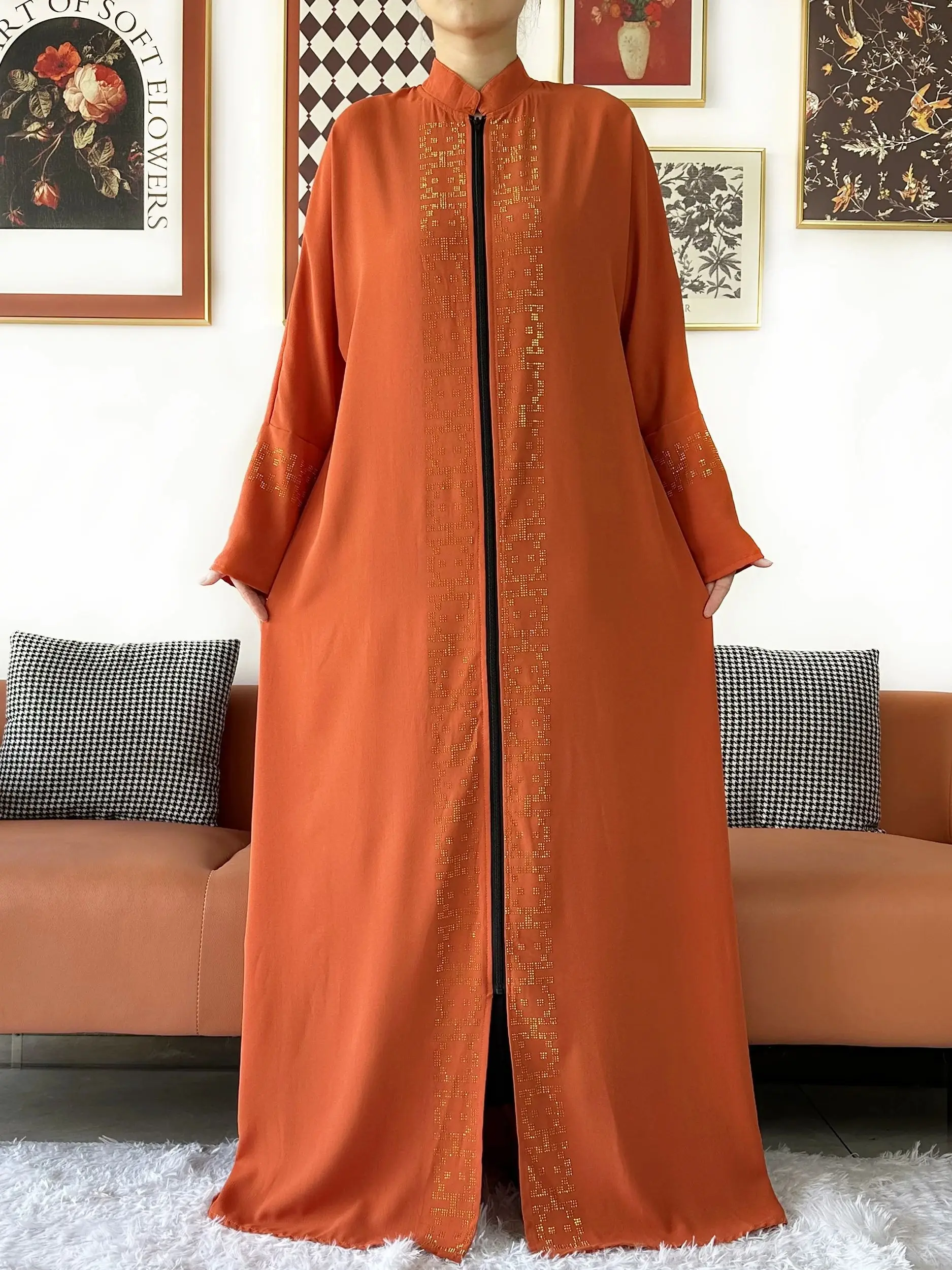 2024 Muslim Ramadan Tranditional Turtleneck Long Sleeve Dress Women Cardigan Open Abaya Dubai Caftan Islamic Kimono Clothes