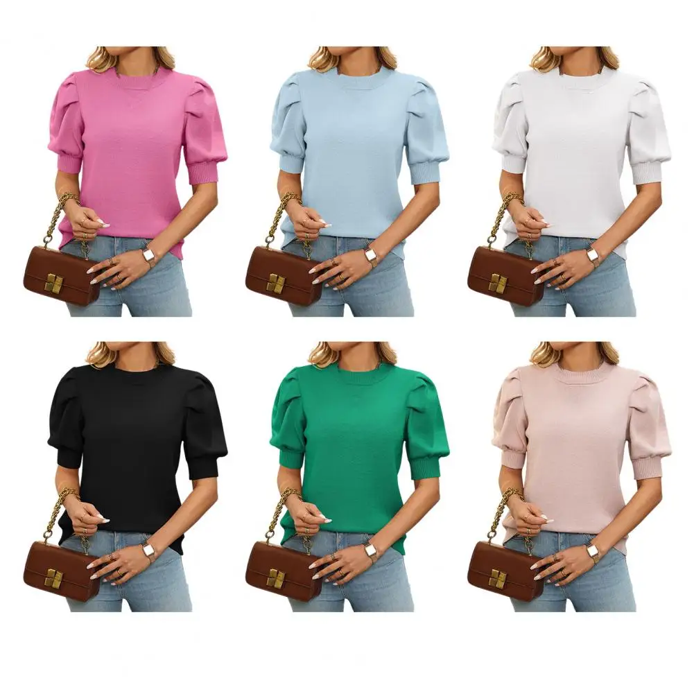 

Женская вязаная футболка больших размеров с цветными блоками, летний повседневный топ с рукавами-фонариками и v-образным вырезом