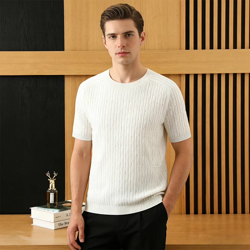 Summer new men's 100% Lyocell round neck solid color T-shirt knitted business casual pullover short sleeved loose top T-shirt