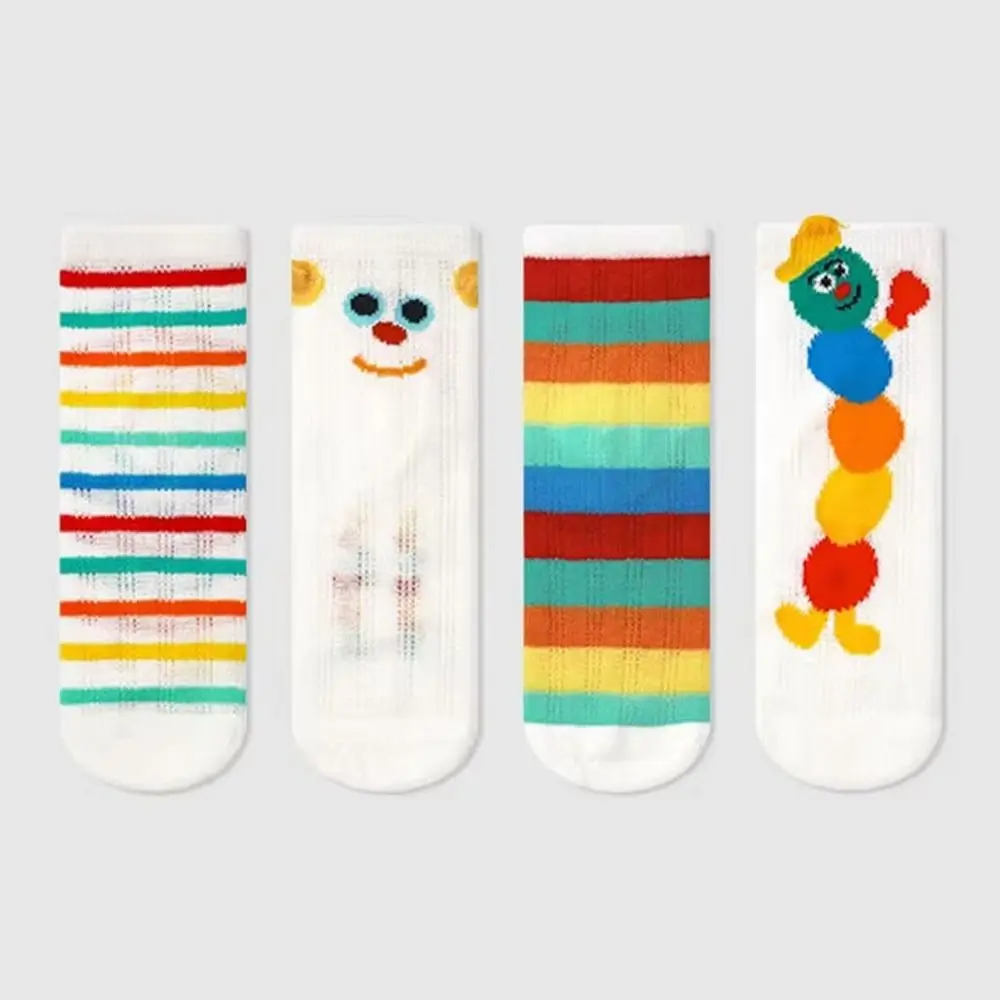 

4 Pairs Cute Ultra-Thin Kids Crew Socks Mesh Breathable Cotton Socks Rainbow Korean Style Mid-Calf Socks for Boys Girls