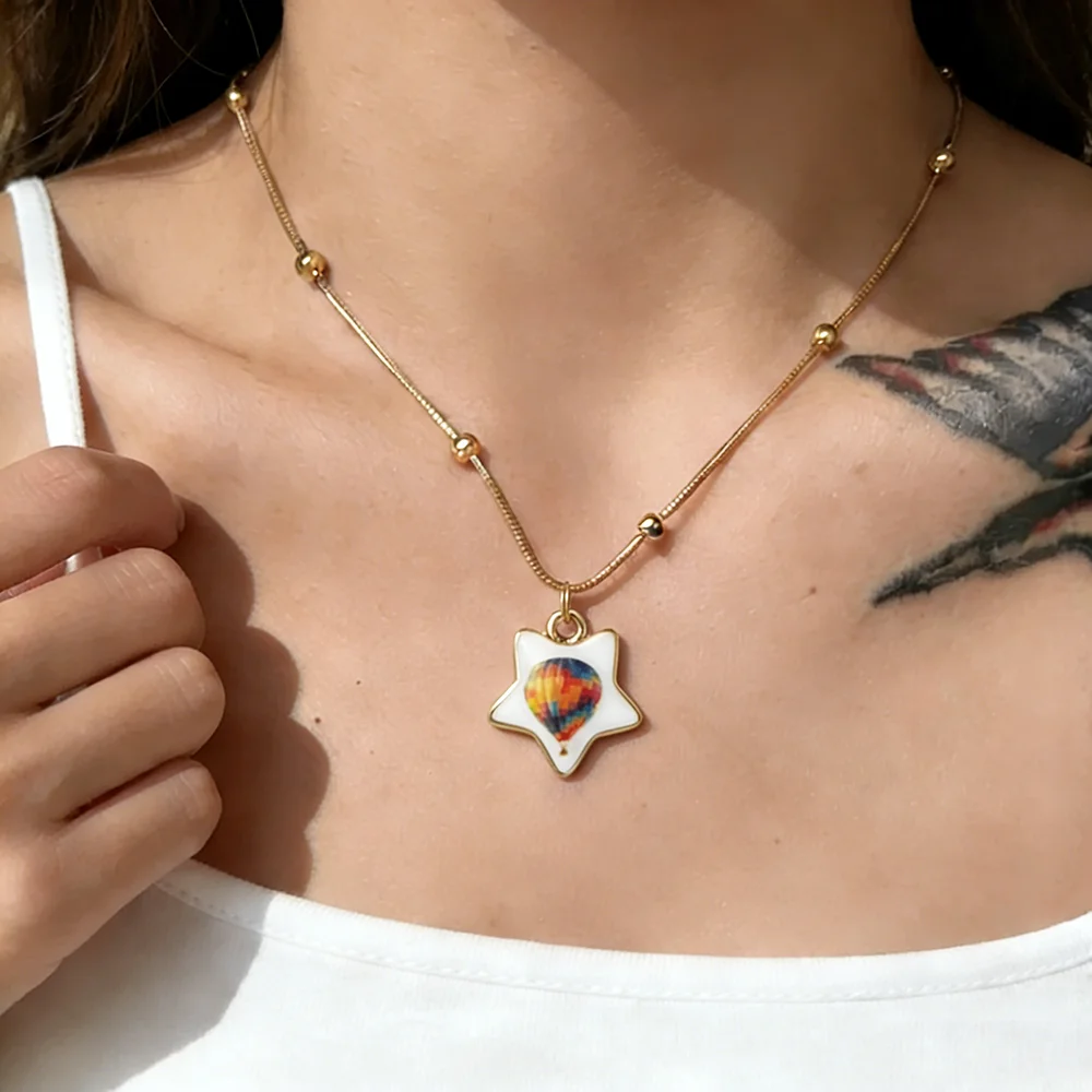 Star Enamel Charms Rocket Hot Air Balloon Print Pendants with Beaded Snake Chain for DIY Handmade Jewelry Making Necklace