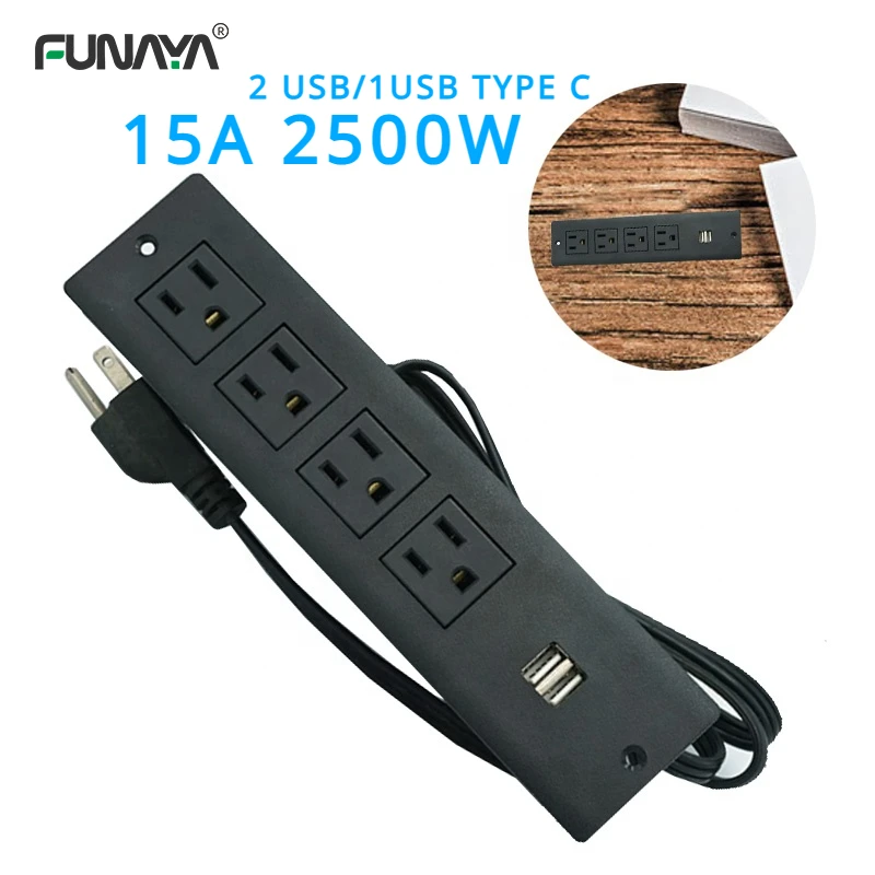 Power Strip Desk Table Socket US 2 USB 5V 1A 2.1A  Type C 4 Outlet 110V 220V Surface Mountable Recessed Furniture Charger Socket