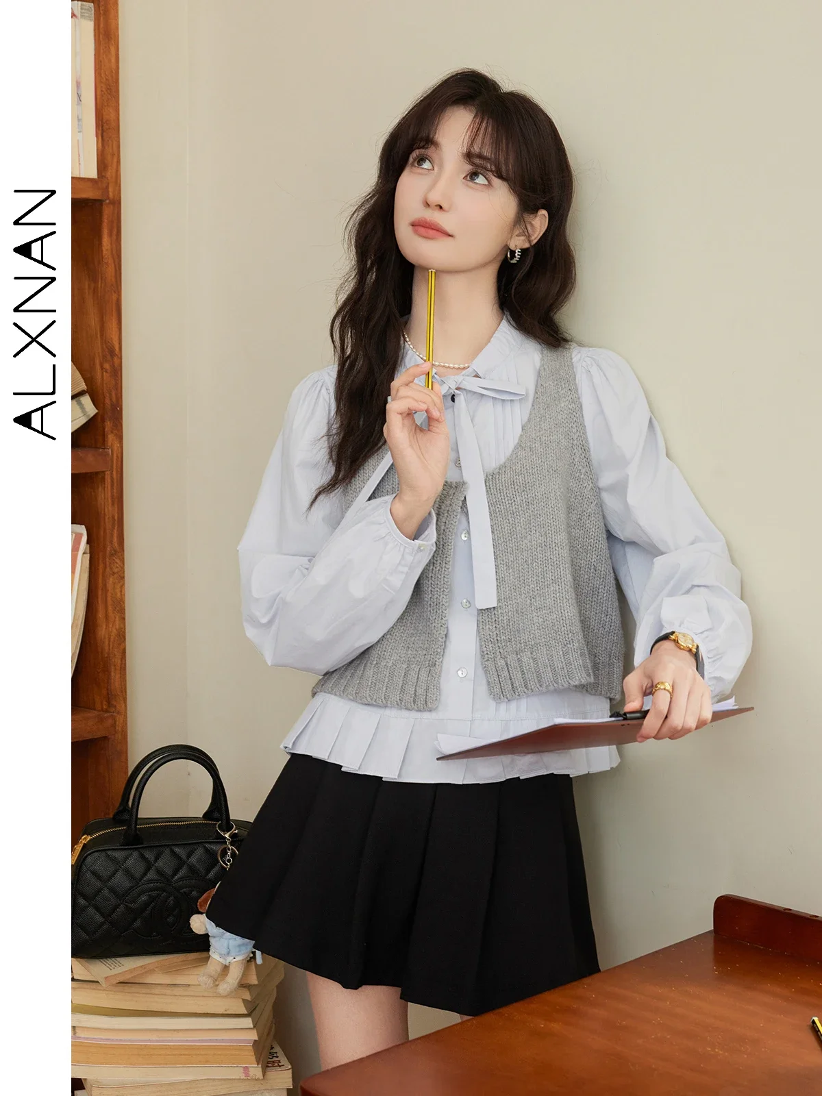 ALXNAN Gray Knitted Sweater Vest Woman 2025 Autumn Winter U-neck Single Button Slimming Basics Tank Tops Sold Separately L50603 - Image 5