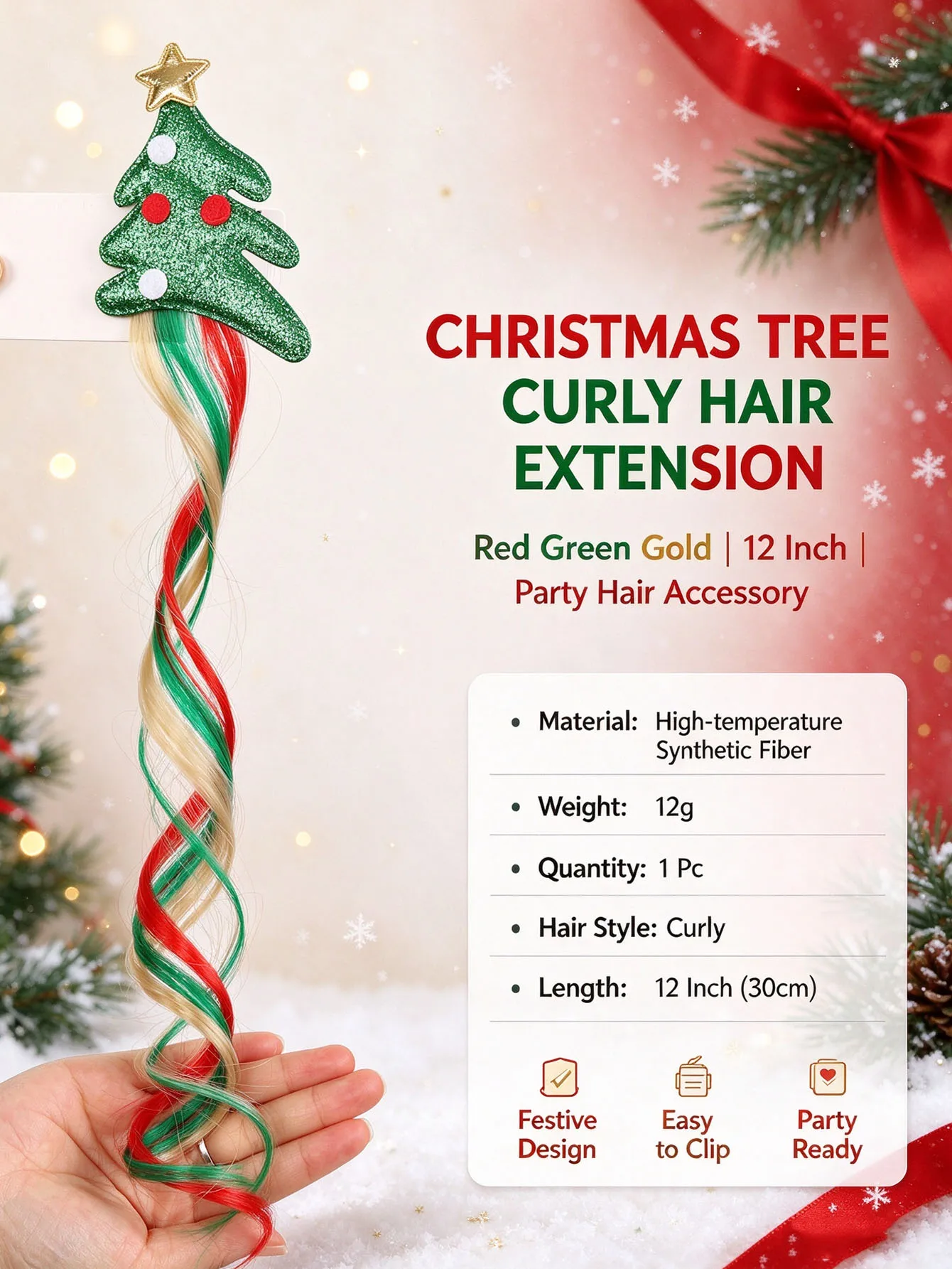 Christmas Tree Glitter Duck Bill Hair Extension Clips Synthetic Hair Red Green Gold for Women Kids Xmas Party Hair Accessories