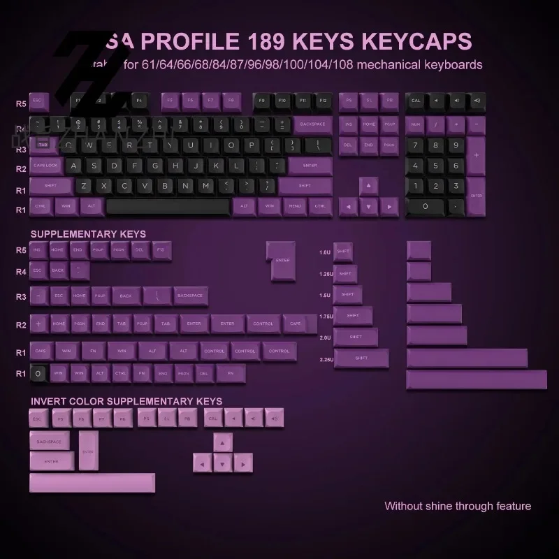 189 Key PBT Keycaps Double-shot Black Purple ISA Profile Key Cap for Cherry MX Switches 61/68/108 Mechanical Gaming Keyboard