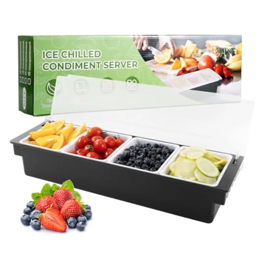 

Condiment Container with Lid Ice Chilled Condiment Server with Ice Tray Fruit, Veggie and Condiment Caddy Plastic Garnish Stati