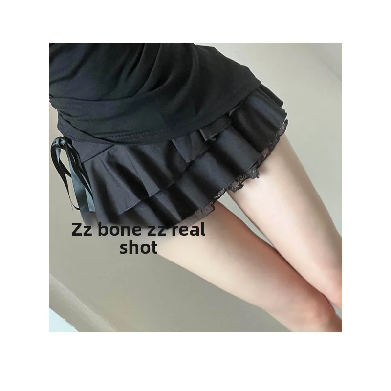 Retro Sweet Cool Style Lace Splicing Pleated Sexy Versatile Short Skirt Half-length Skirt Casual Polyester Fiber A-line Skirt