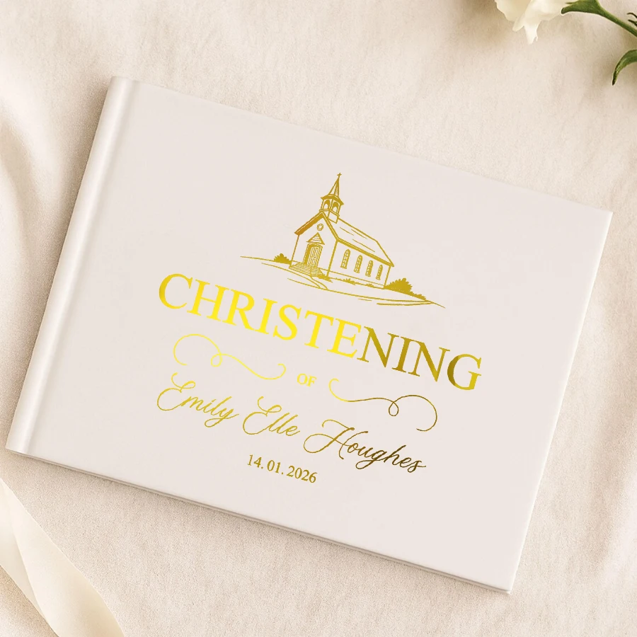 

Personalized Guest Book - Baptism Guest Book, Custom Black and White Guest Book with Gold Foil Text, Baptism Photo Album