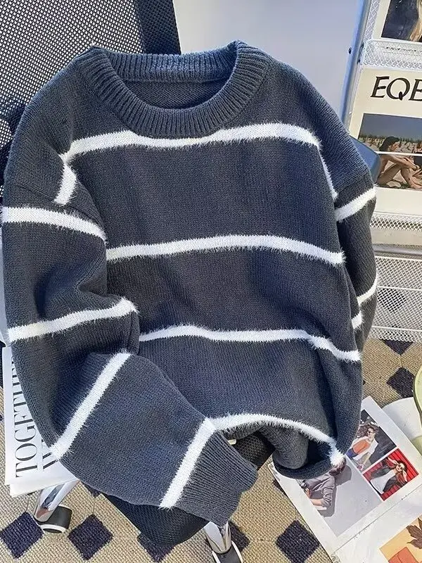 

Мужской вязаный свитер American Sle в полоску, мягкий свободный крой, круглый, теплая верхняя одежда на осень-зиму