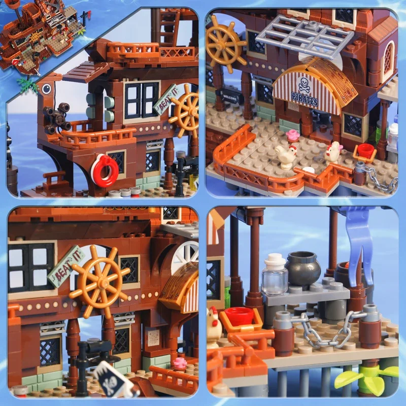 675 個クリエイティブ中世海賊島木製シーハウス船ビルディングブロック MOC 組み立てレンガのおもちゃギフト子供のための