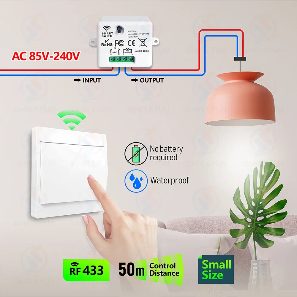Smart Mini 433MHz Light Switch,50m Self Powered Wireless Wall Switch No Need Battery,110V 220V Mini RF Module,for Home Appliance