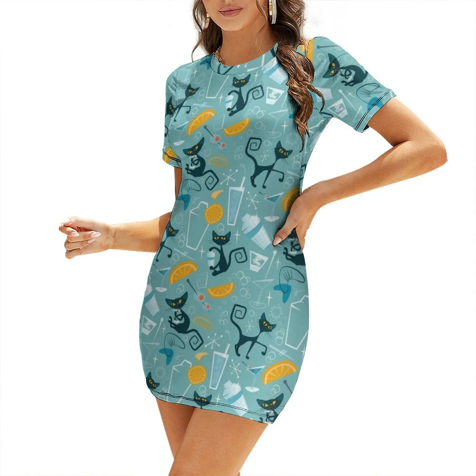 

Mid century modern atomic style cats and cocktails Short Sleeved Dress Woman clothing ladies dresses for women 2025