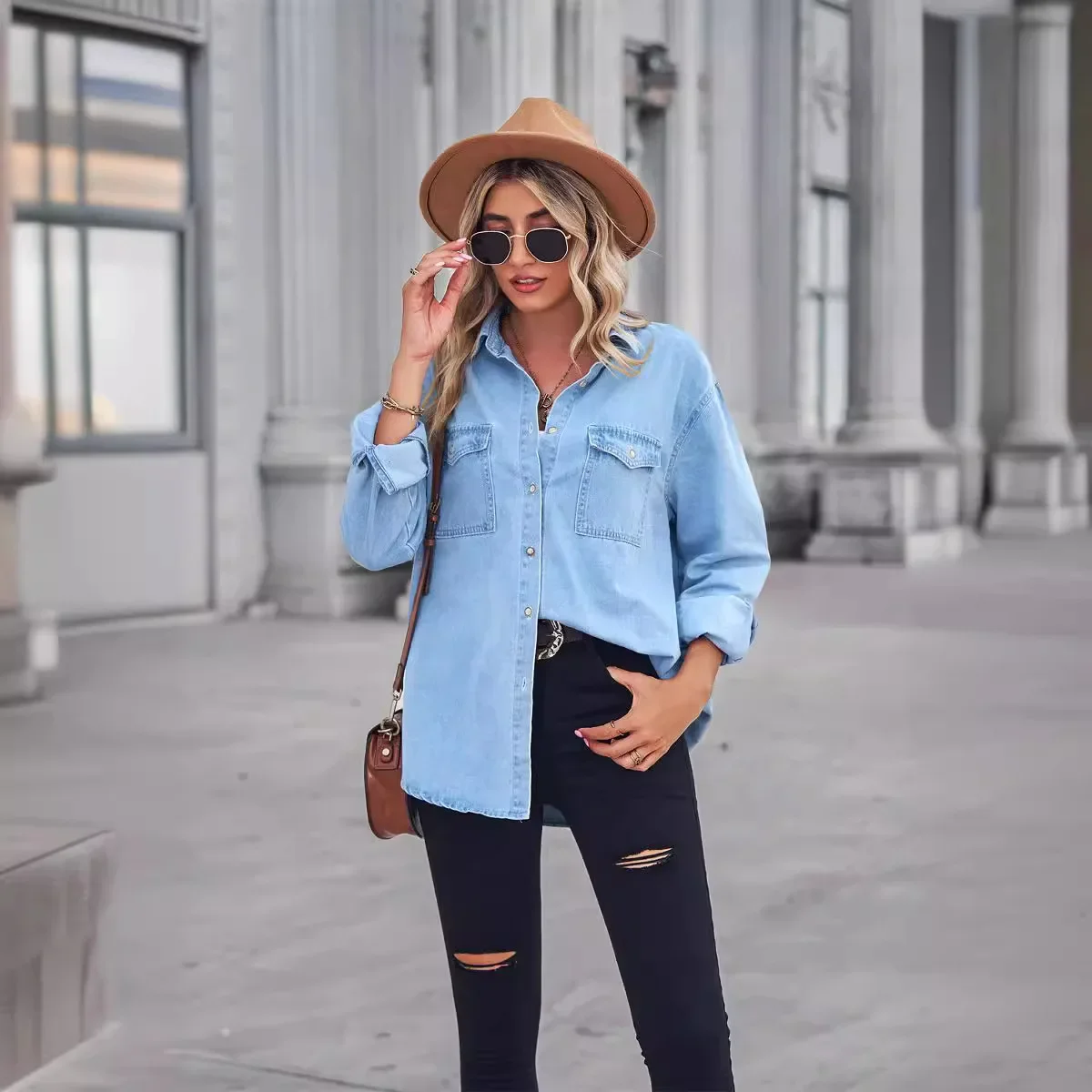 

Women Denim Shirts 2024 Autumn Casual Distressed Blouse Full Sleeve Single Breasted Turn Down Collar Pockets Overshirt Tops