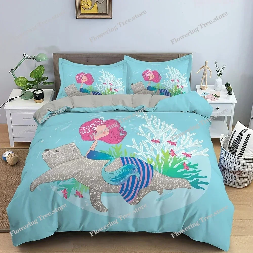 Cartoon Mermaid Pattern Duvet Cover Bedding Set Children Bedroom Decor QuiltComforter Cover King Twin Single Size Bedclothes