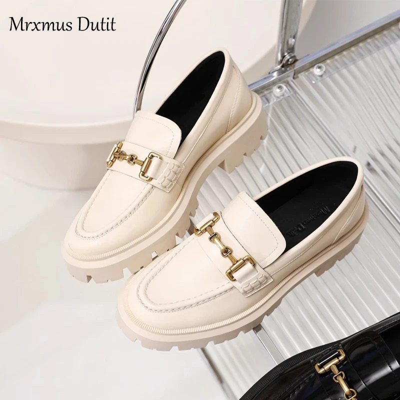 Mrxmus Dutit 2024 New Women Genuine Leather Round Head Thick Loafer Shallow Black Wild Casual Simple Slip-on Shoes Female Chic