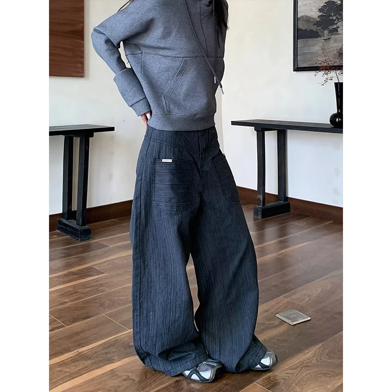 Women's Gray Gothic Y2k Emo Jeans Harajuku Vintage Oversize Denim Trousers Japanese 2000s Boyfriend Jeans Pants Autumn Winter