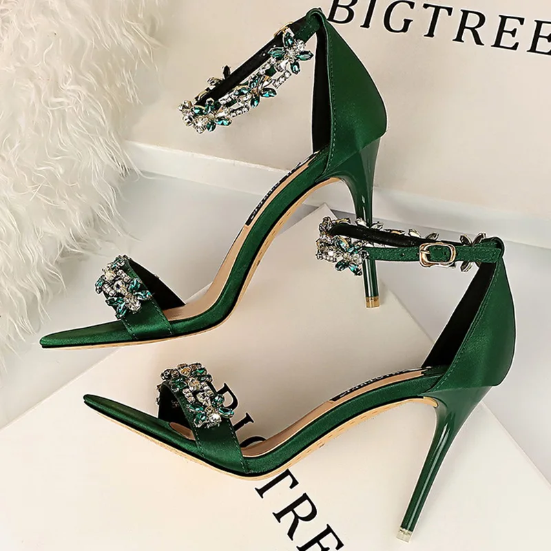 2023 New Luxury Women Open Toe Rhinestones Sandals Designer Female Sexy 11cm High Heels Sandals Party Shoes Summer Silk Sandals