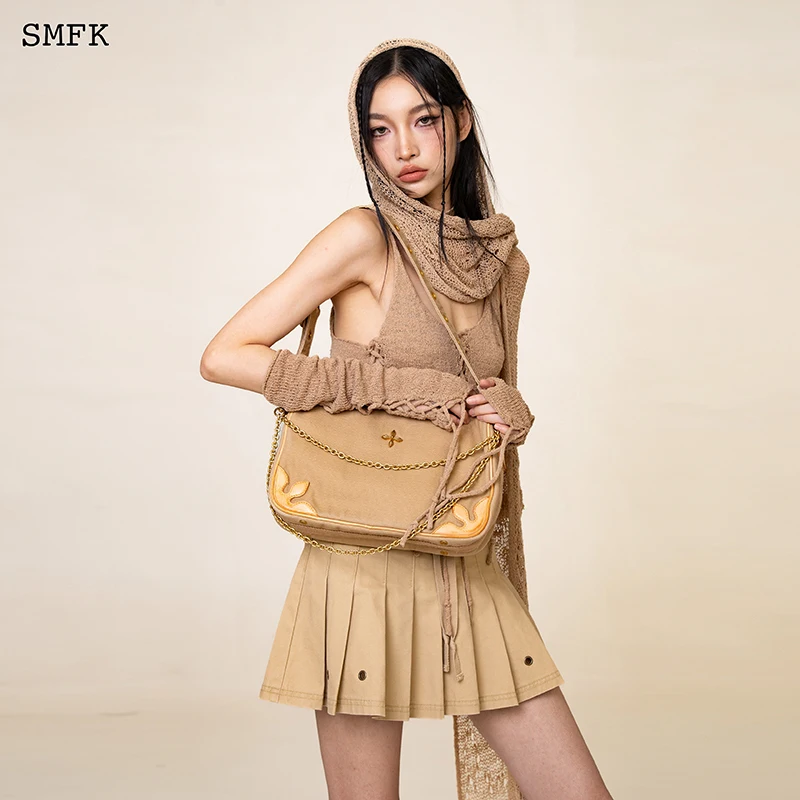 SMFK Compass Kitty Leather Bag Women Washed Cowhide Shoulder Bag Vintage Canvas Spliced Workwear Handbag 2023 New Underarm Bag