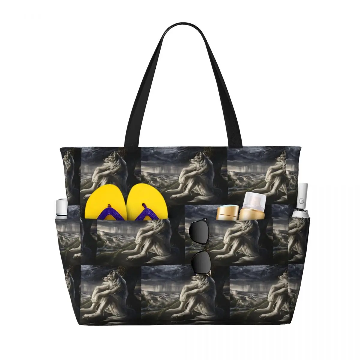 

Emo White Wolf Sitting Sad Meme Beach Tote Bag Sport Gym Yoga Duffle Large Tote Bag Women Travel Bag Fitness bag