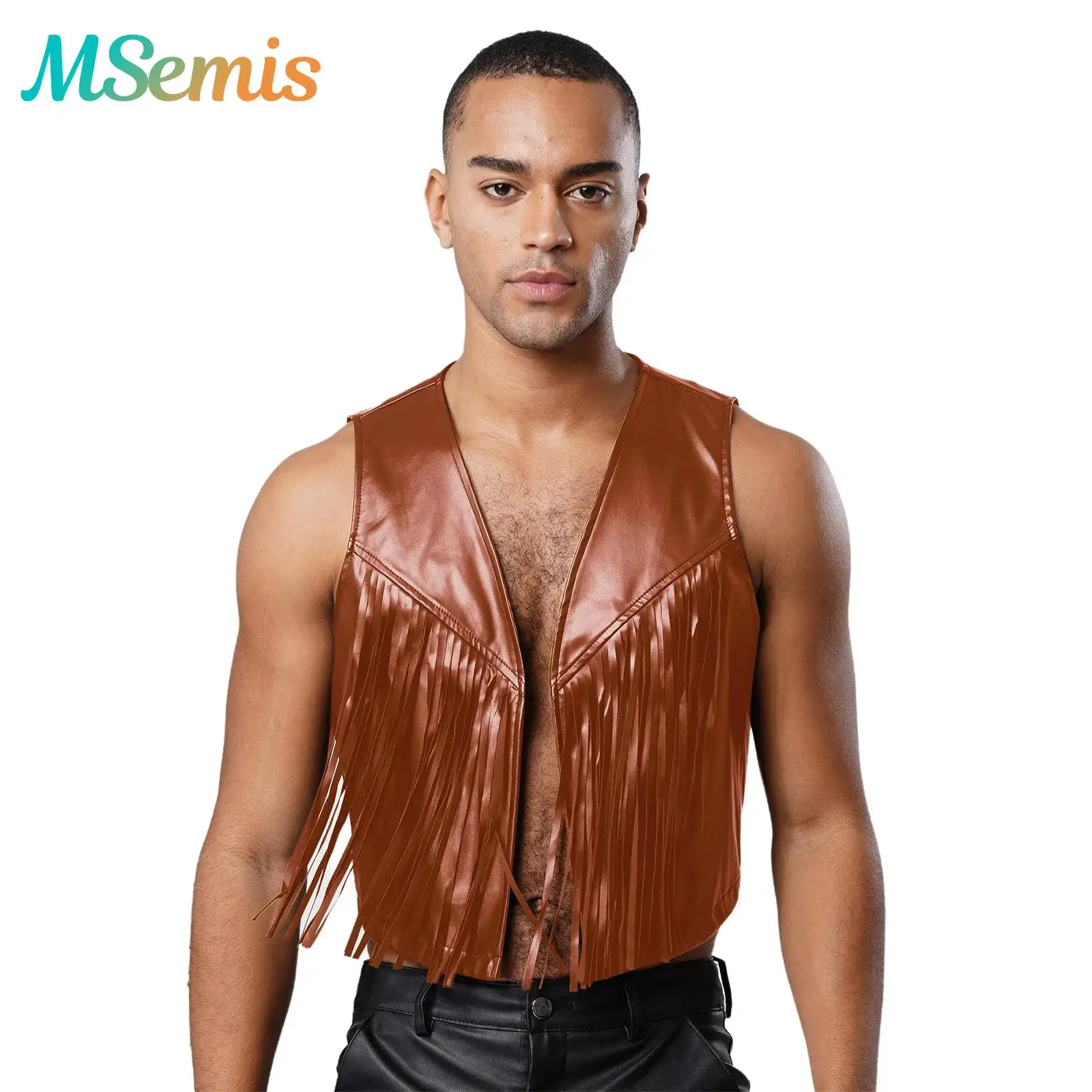 

Mens Vintage 70s Fringe Vest Jackets Club Jazz Party Costume Open Front Waistcoat Tank Tops Western Cowboy Crop Tops Clubwear
