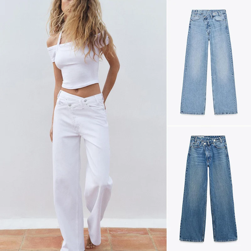 

Spring New Women's Cotton Wide Leg High Waist Jeans Multiple Colors Casual Sle Zipper Closure Loose Fit Long Pants