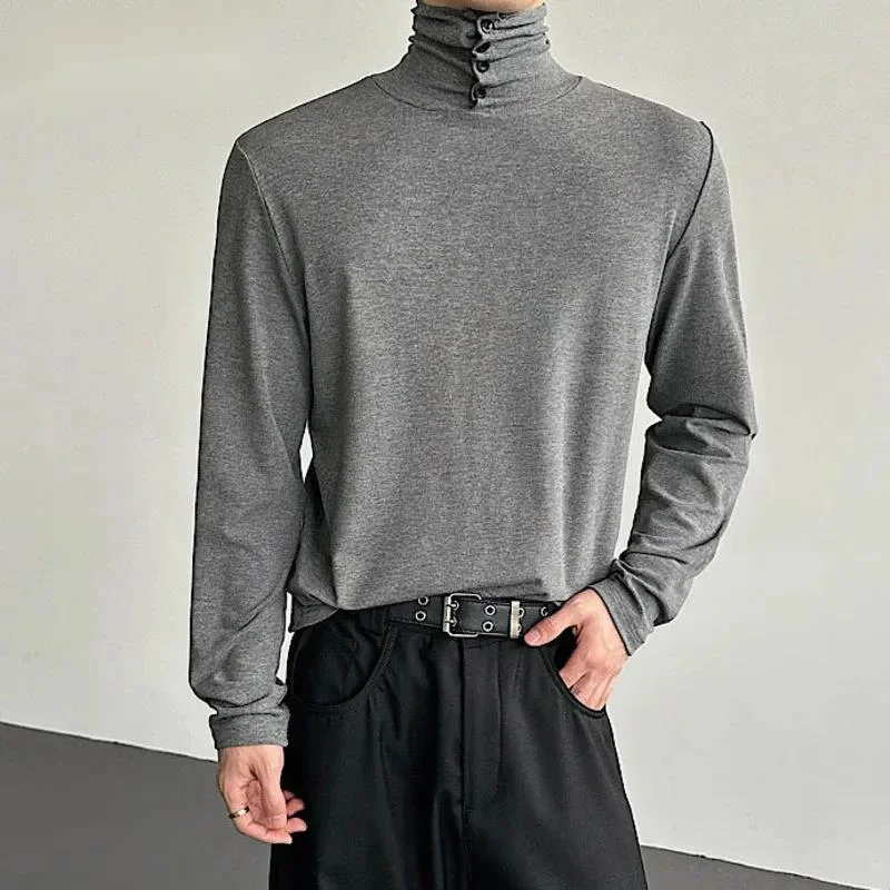 New Simple Men's Tees Button Design Solid Color Slim Korean Style T-shirts Loose Male Long Sleeve Pullover Male Tops VDR45