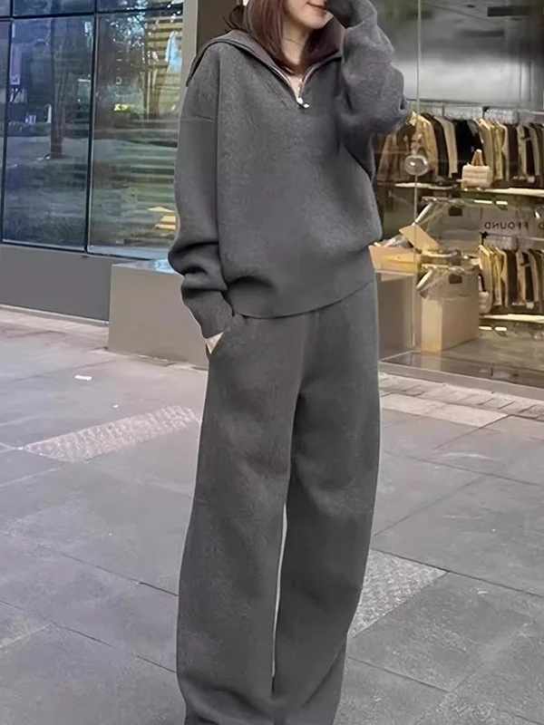 プラスサイズ カジュアル スポーツウェア セット レディース 秋冬新作 スリップジップアップトップ ロングパンツ ツーピースセット トレンド ポリエステル繊維