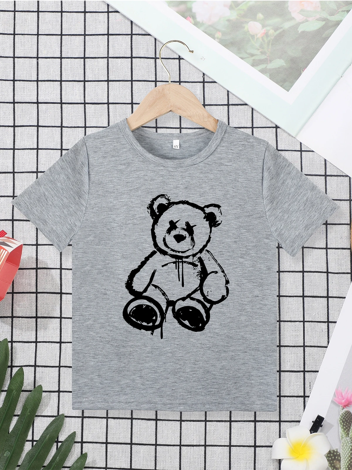 Doll Bear Pattern Stylish Cool Boys Clothes Grey Summer Urban Streetwear Kids T Shirt Daily Casual Wear Crew Neck Basic Tops