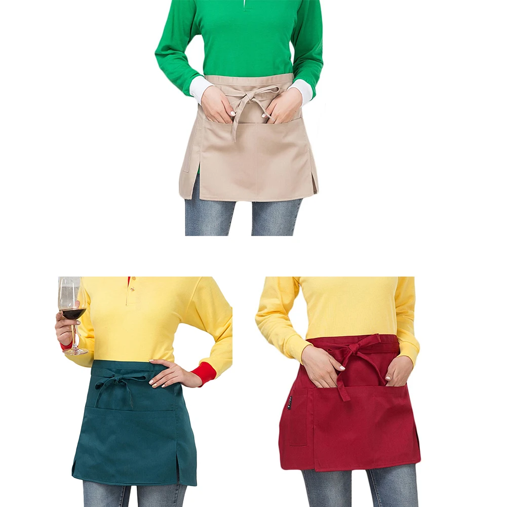 Men Women Kitchen Restaurant Waist Apron Solid Color Half Short Apron Adjusted With Pockets Pen for Server Waiter