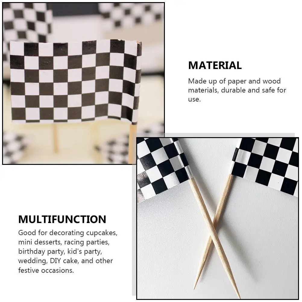 150Pcs Racing Checkered Flag Cake Topper Wooden Paper Insert for Birthday Party Cupcake Picks Dessert Decoration Baking Decor