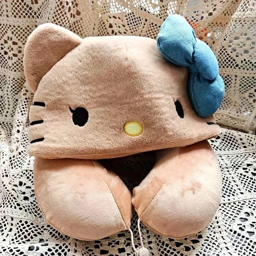 

Милая кавайная коричневая хлопковая подушка с эффектом памяти «Hello Kitty», U-образная подушка с капюшоном, подушка для шеи, дорожная шляпа в самолете, U-образная подушка 25*25*30 см