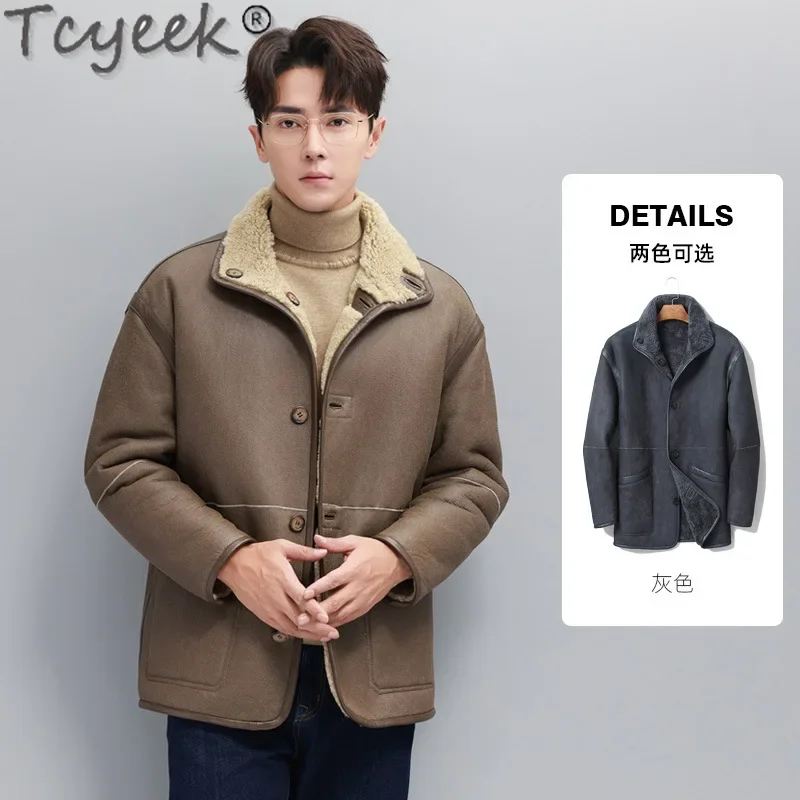 Tcyeek Natural Sheepskin Fur Coats Genuine Leather Jacket Men Winter Clothes Warm Real Fur Motocycle Jackets Casaco Masculino