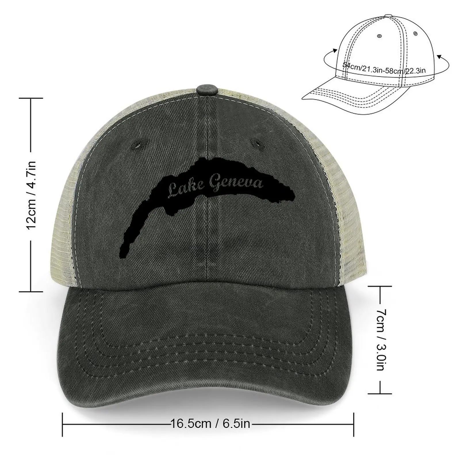 Outline of Lake Geneva with english label Cowboy Hat Golf Hat Man Beach Outing Male Women's