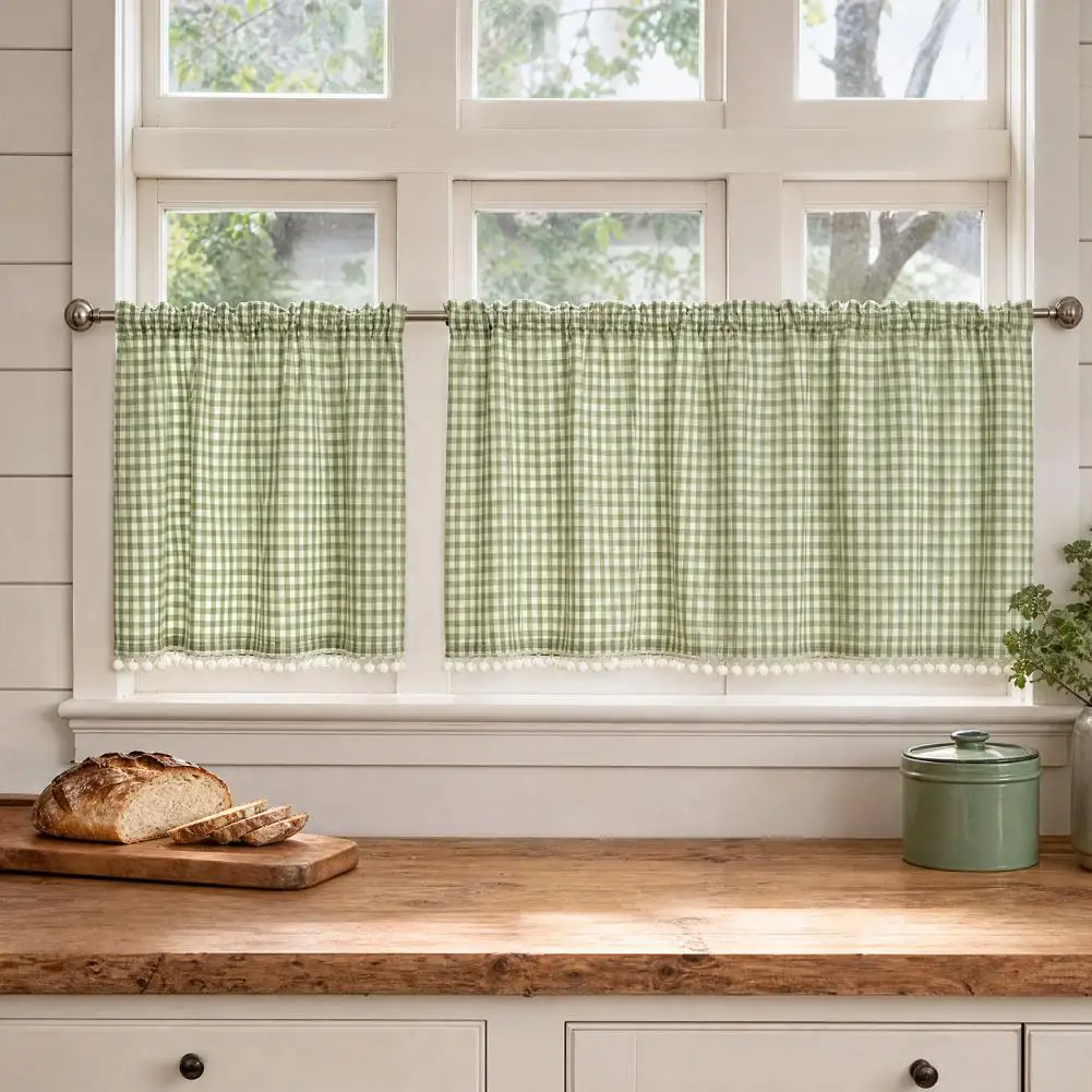 Nordic Plaid Curtain Small Door Curtain Buffalo Check Plaid Curtains with Pom-poms Short Tier Kitchen Window for Farmhouse